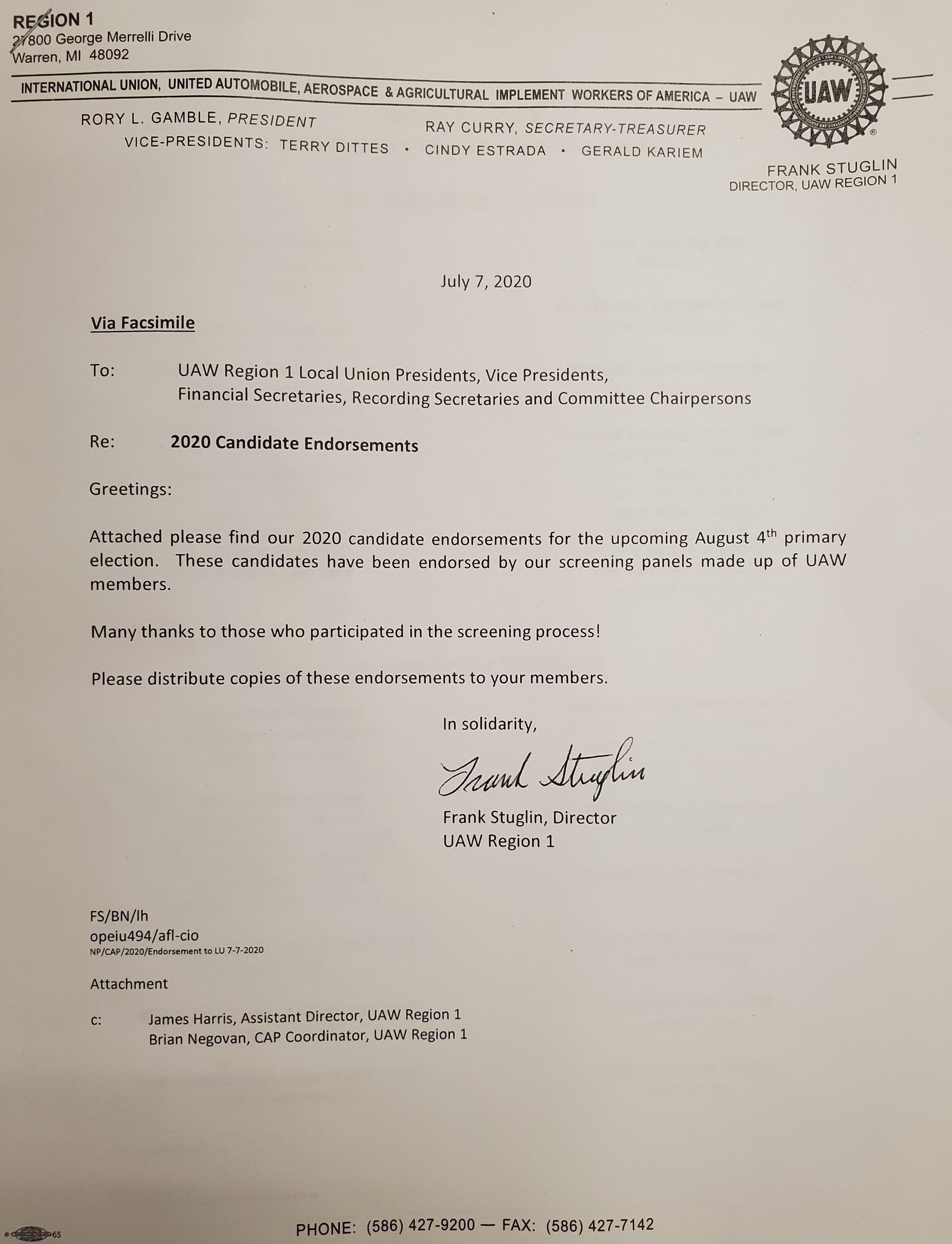 Region 1 and 1A MI Primary Endorsements | UAW Region 1