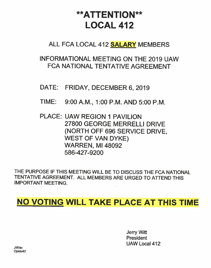 FCA Salary Informational Meeting on the 2019 UAW/FCA National Tentative ...