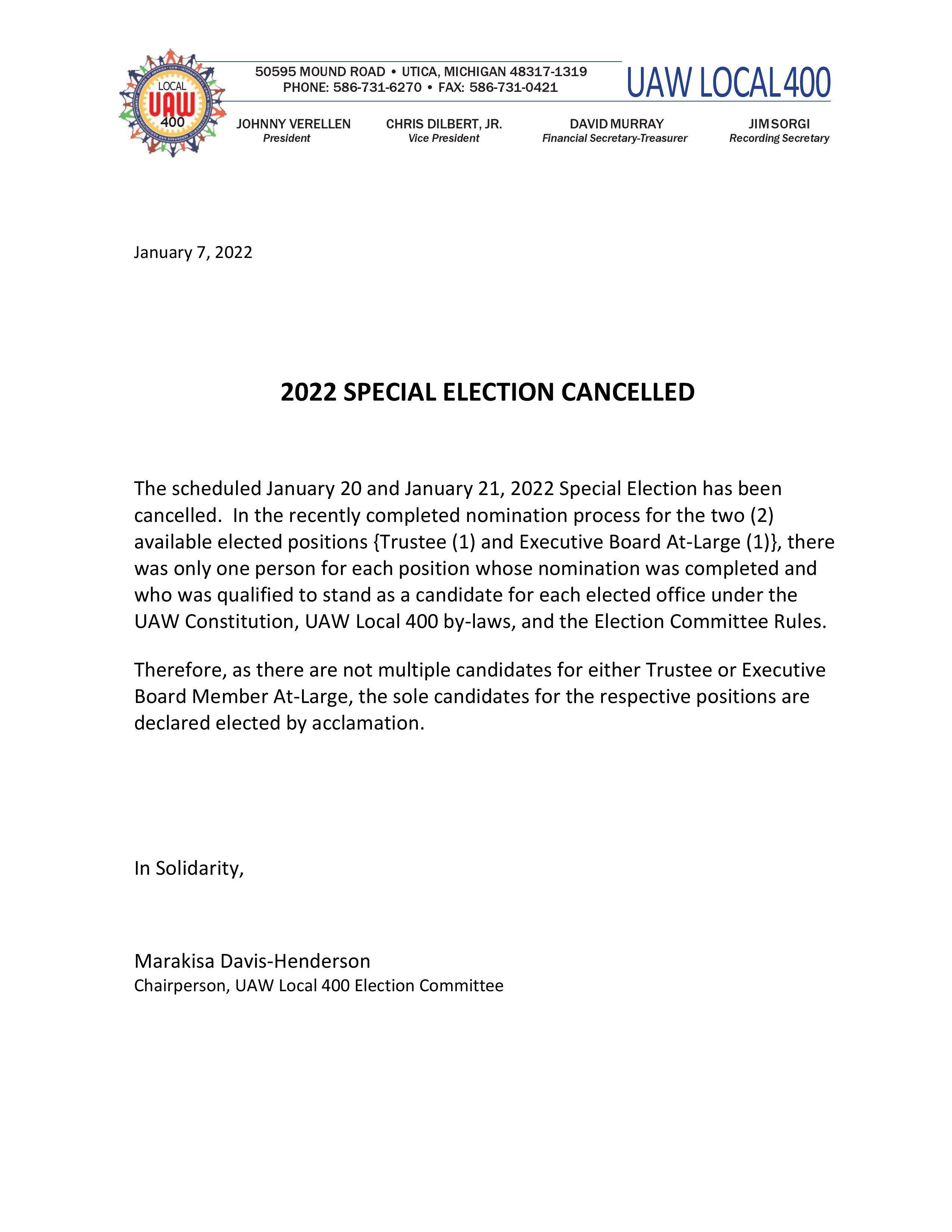 2022 Special Election Cancelled