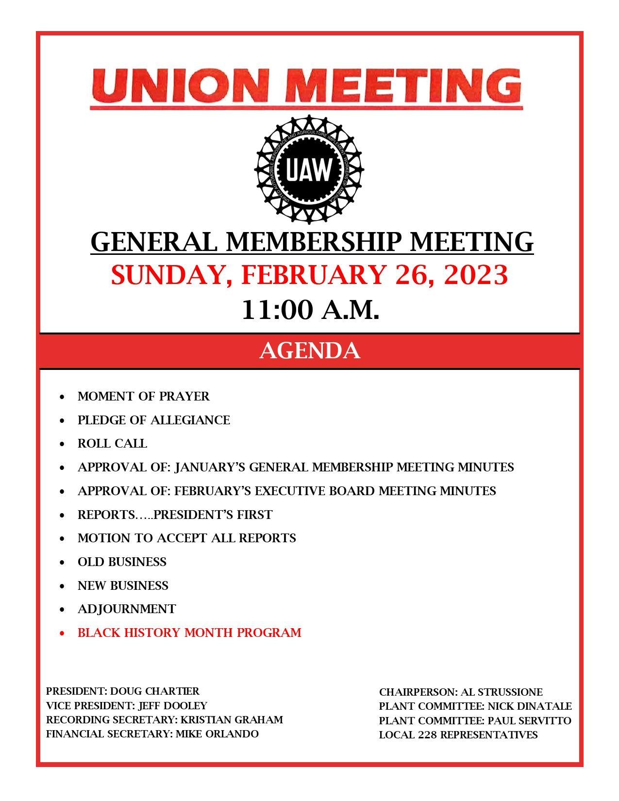 Union Meeting February 26, 2023 at 11:00am 